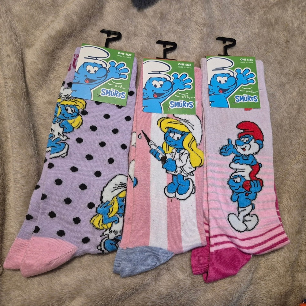 The Smurfs Crew Socks 3 Pair Bundle Smurfette Papa Smurf Pink Purple US 7-12 NEW